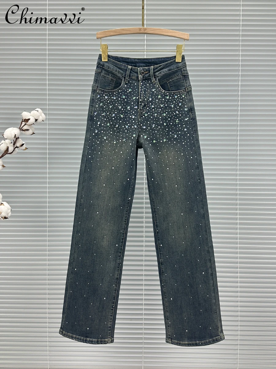 European Rhinestone Jeans for Women 2024 Autumn New Fashion High Waist Loose All-Match Diamond-Embedded Wide-Leg Pants Trousers