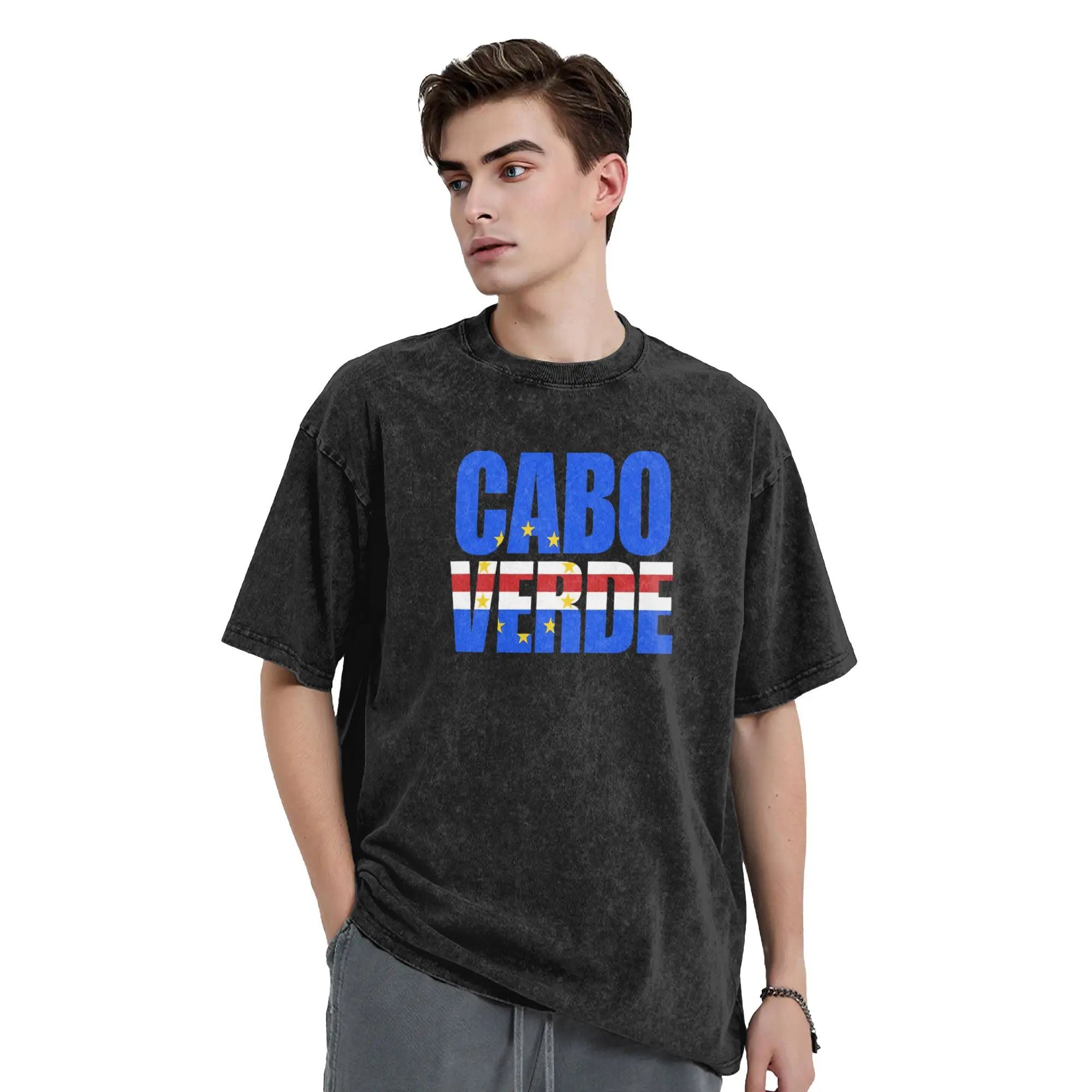 Cabo Verde Flag Washed T-Shirt Man  Aesthetic Casual T-Shirts Beach O Neck Harajuku Tees Design Plus Size Tops