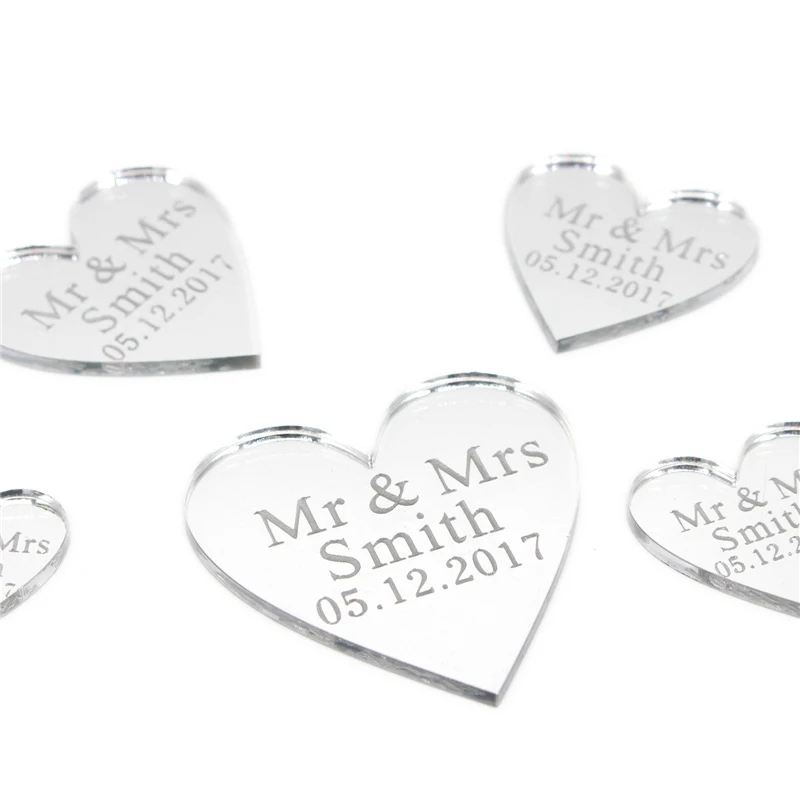 50Pcs Personalized Engraved Gold/Silver Love Hearts Acrylic Wedding Table Party Tags Custom Name Baby Shower Decor Gift Box Tags