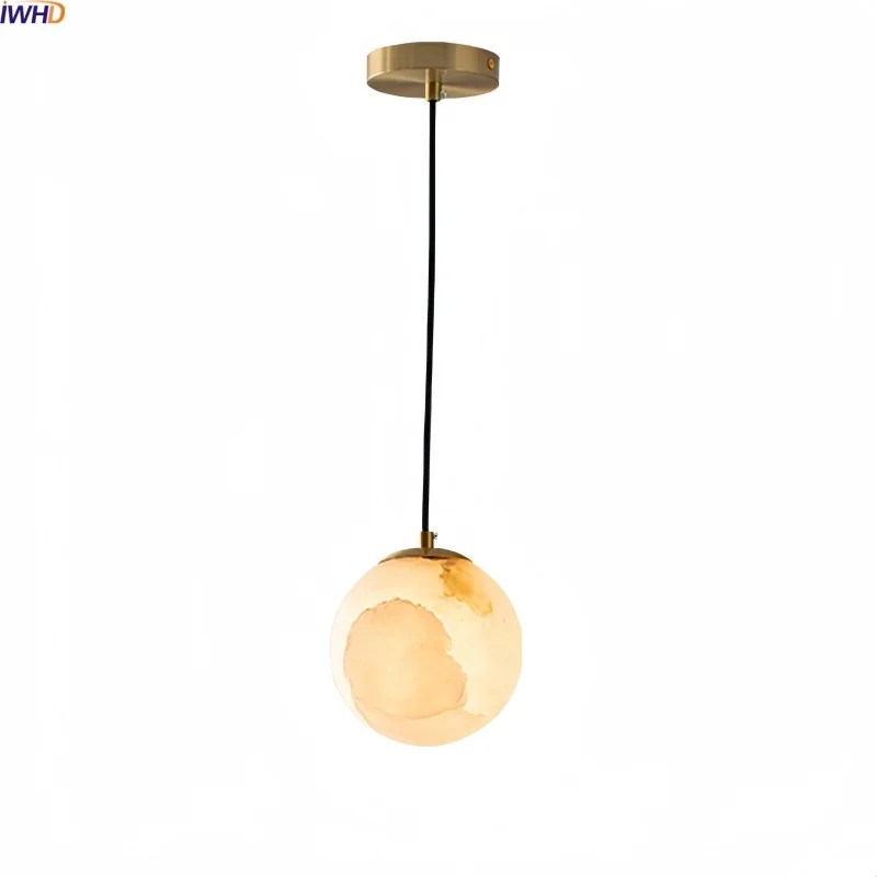 

IWHD Cloud Stone LED Pendant Lights Hanging Bedroom Kitchen Gold Antique Copper Iron Round Lampshade Pendant Lamp Pendelleuchte