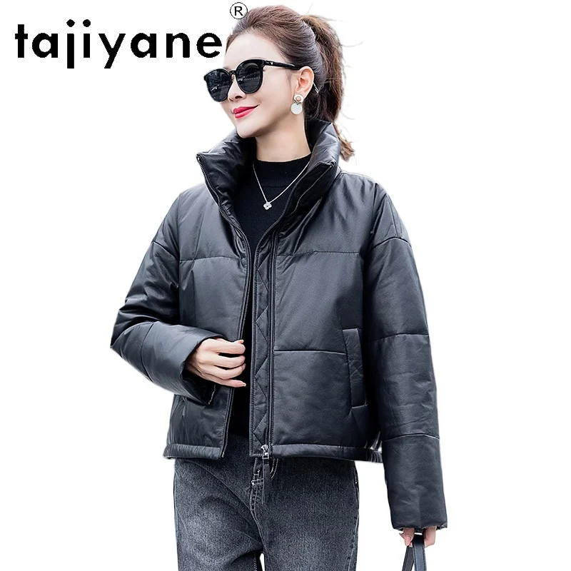 TAJIYANE 100% جلد البقر أوزة أسفل معطف امرأة أنيقة قصيرة سترة منفوخة لوكس سترات من الجلد الطبيعي 2025 ملابس حريمي 신상 Jadiitet