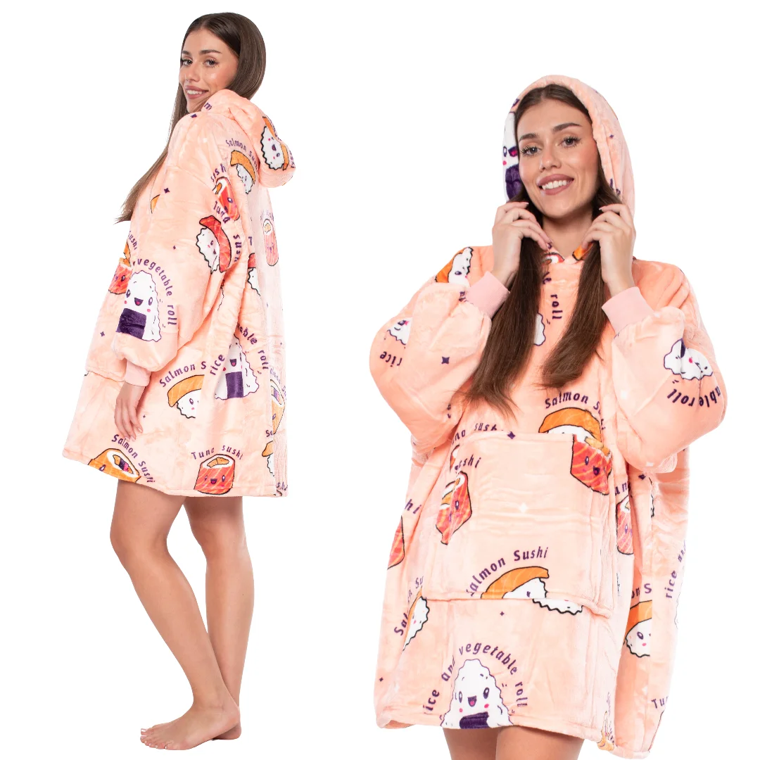 Sweatshirtdeken Kocobluza 2 in 1 Oversize Fat Sherpa Roze in Sushi Warme hoodie Wintercadeaudeken met mouwen
