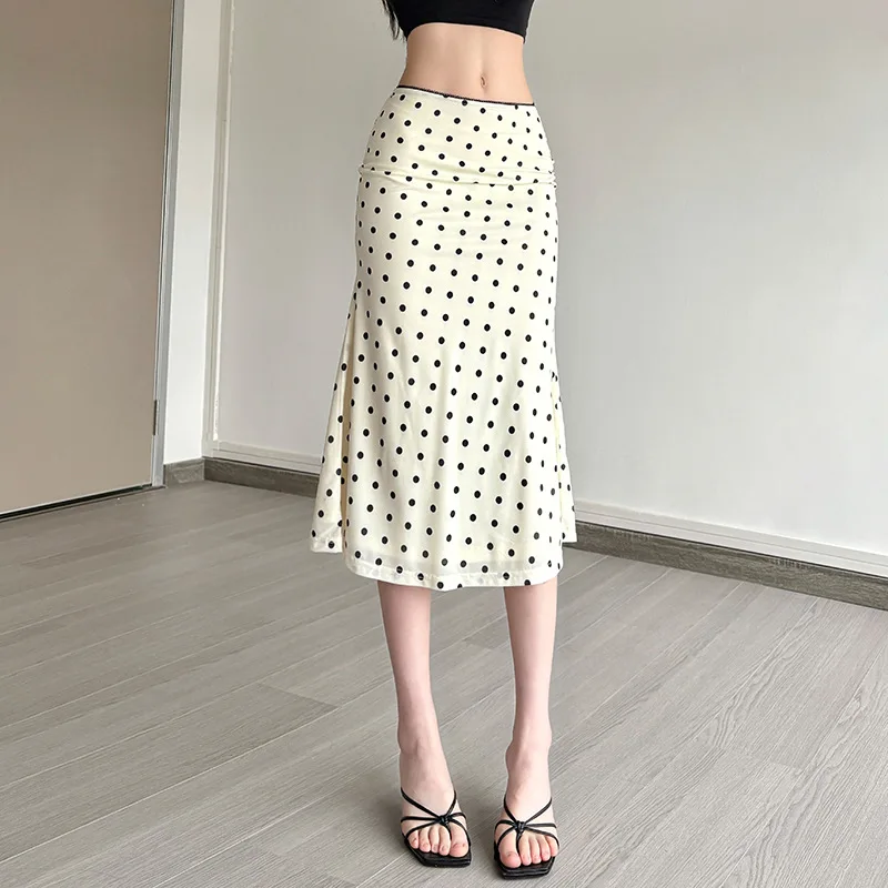 Chic High Waist Dot Print Skirts for Women Ruffles Beach Citywalk A-Line Skirt Commute Style Triacetate Fiber