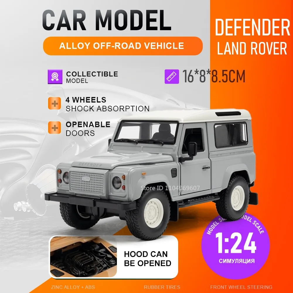 

Масштабная модель внедорожника Land Rover Defender 1:24, литая из сплава, с амортизацией, поворотными передними колесами, открывающимися дверями, для декора дома
