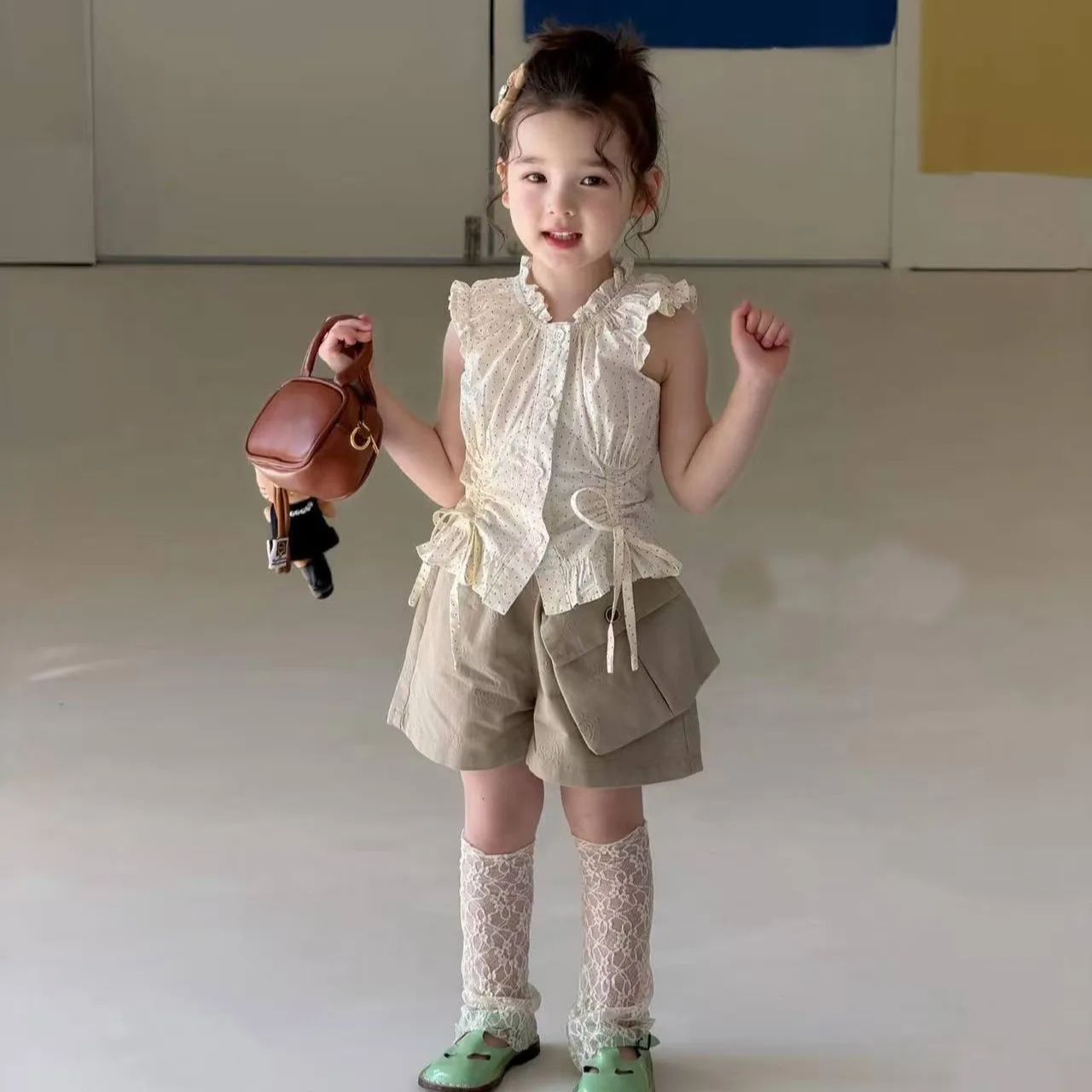 Girls' Suit Summer New 2026 Polka Dot Waist Drawstring Shirt Temperament Suit Shorts