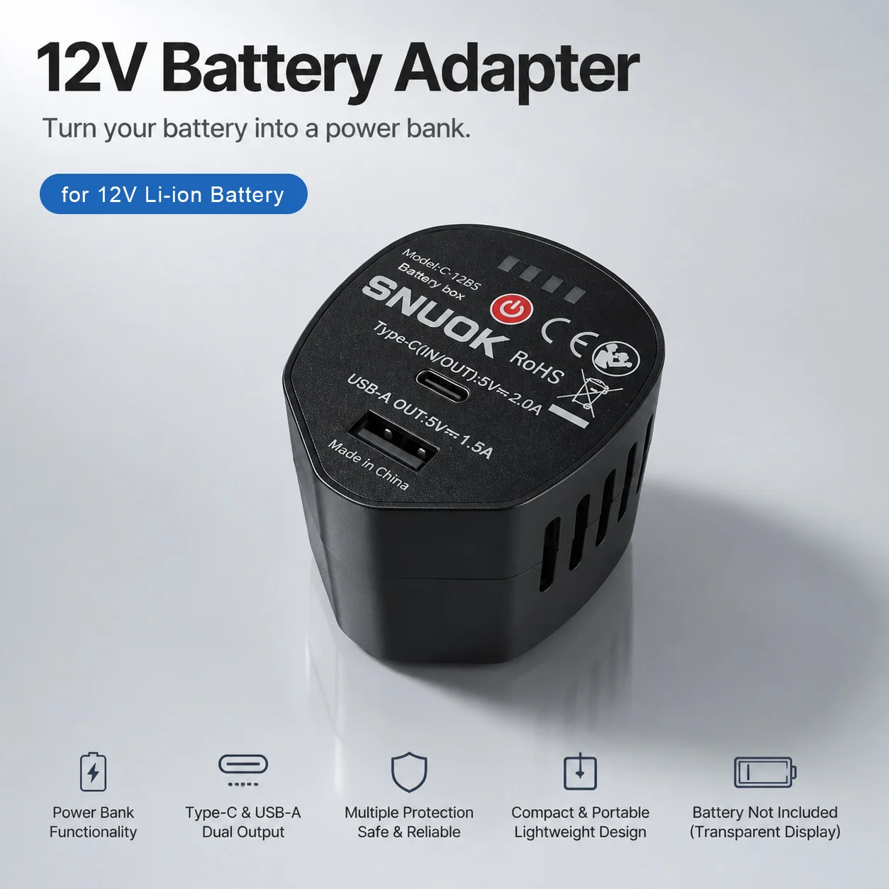 SNUOK 12V Bosch Connector Lithium Battery Rechargeable Battery Box Type-C 5V 2A / USB-A 5V 1.5A For Bosch 12V Battery