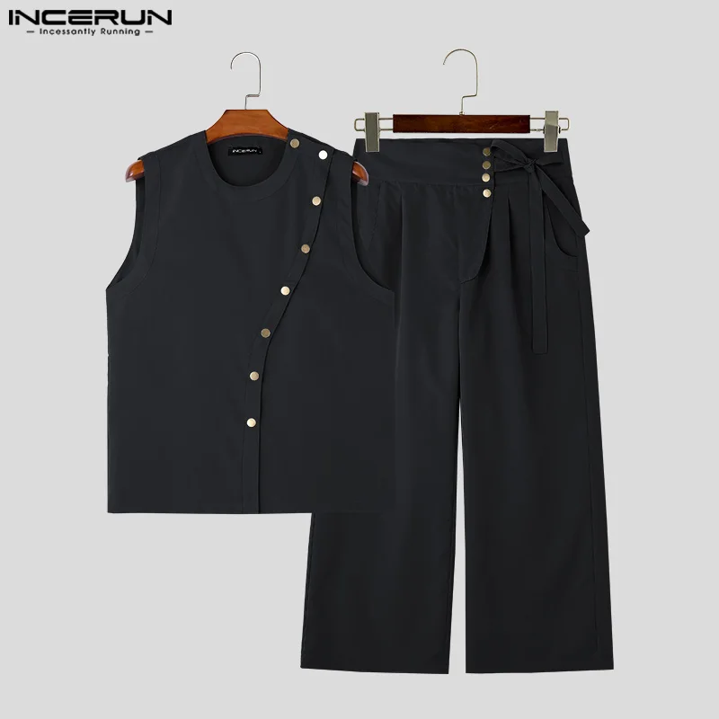 INCERUN Men set estate tinta unita o-collo senza maniche canotte e pantaloni due pezzi set Streetwear 2024 moda uomo abiti Casual