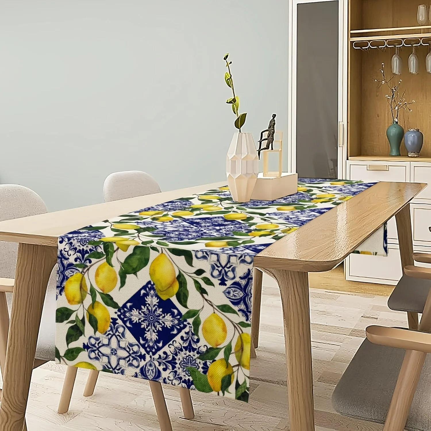 Blue Tile Lemon Table Runner Summer Fresh Lemon Florals Print Farmhouse Decor Rectangular Table Mat for Kitchen Decor