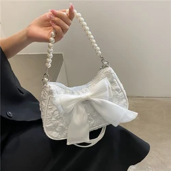 Pearl Female Bag Retro Luxury Designer Handbag Bow Crossbody Bags Fashion Canvas Women's Trend Shoulder Bag Purses