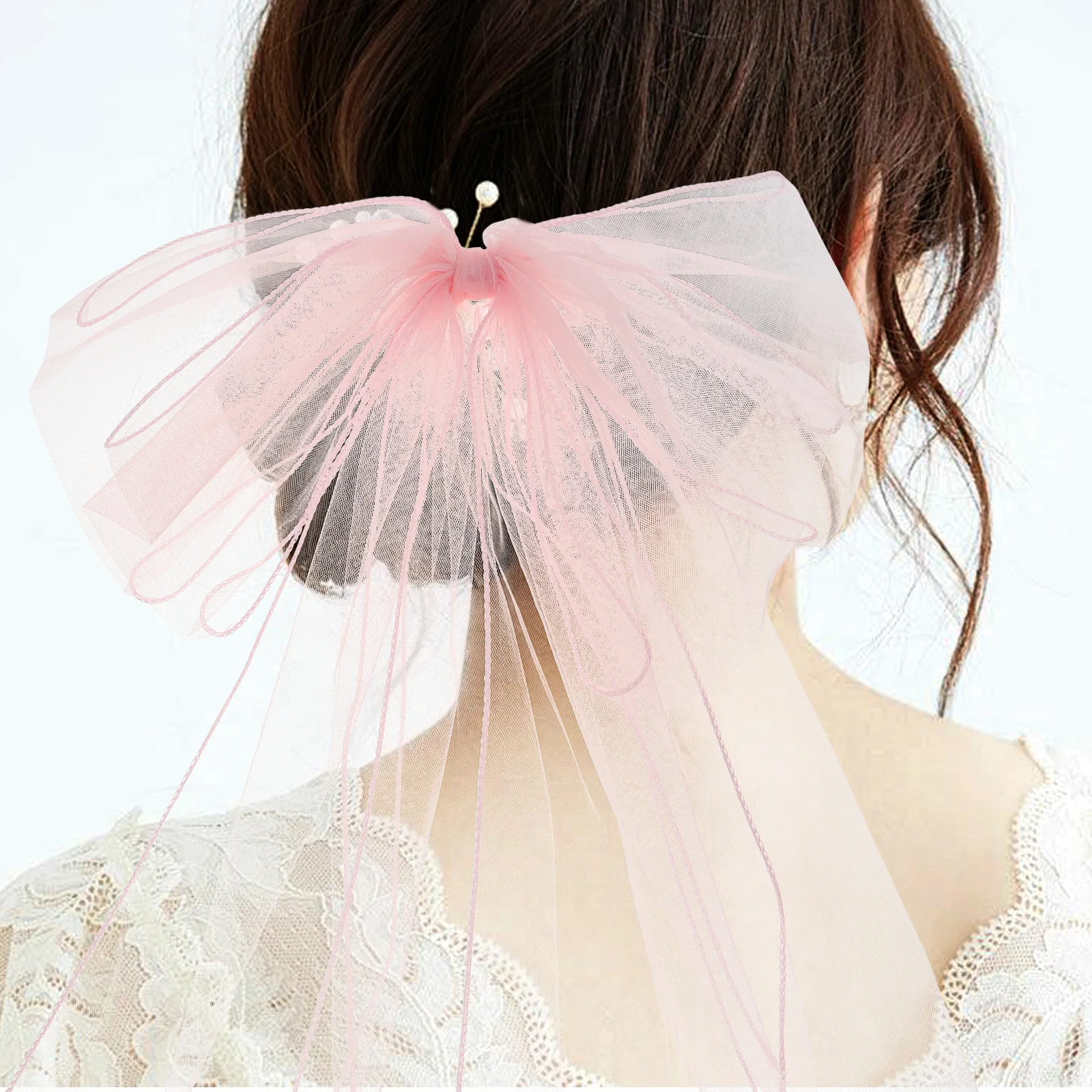 Accessori per capelli da sposa Velo con fiocco rosa per la sposa, damigella d'onore, festa di nozze, fascia in rete, fermaglio per capelli corto in tulle da sposa