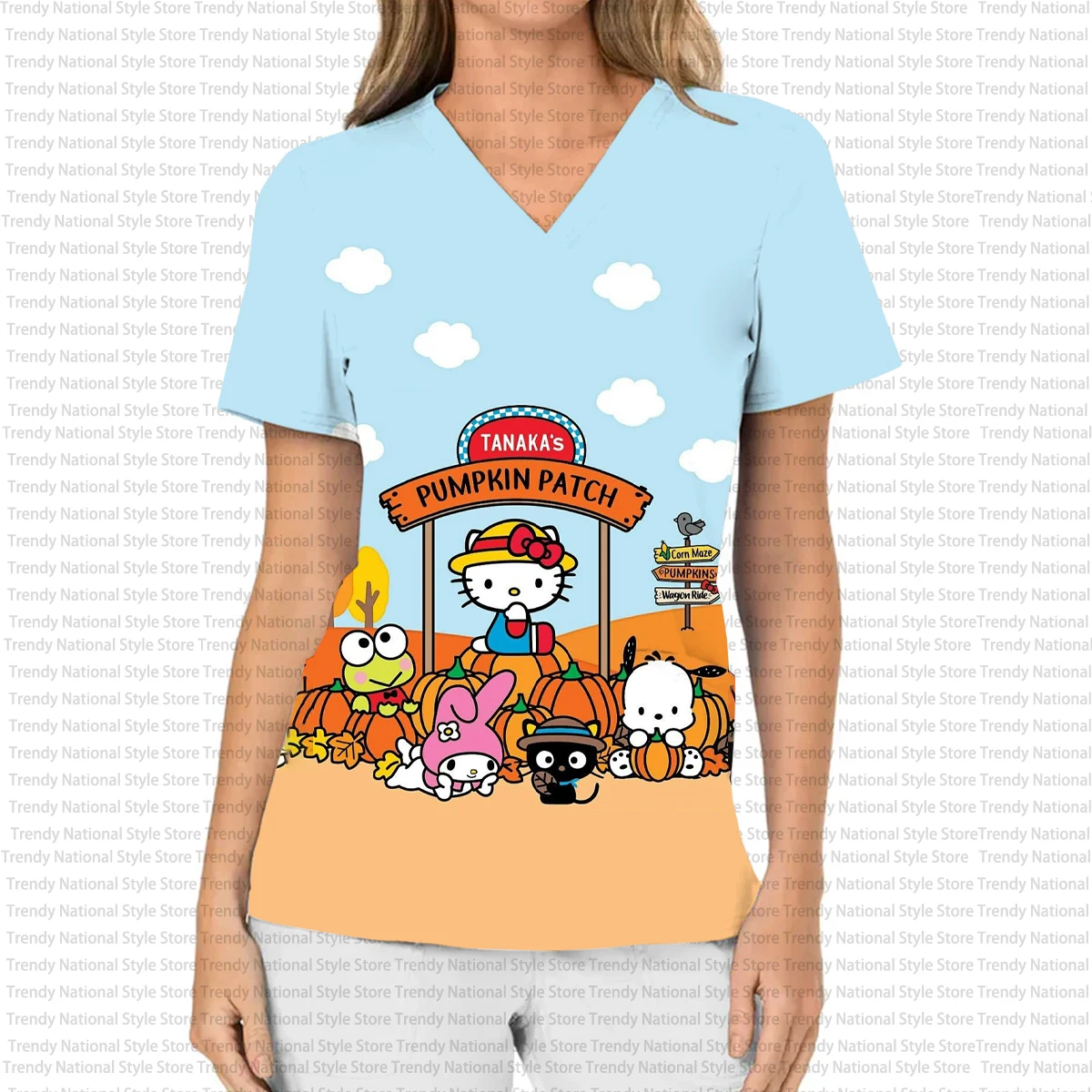 Damen-Halloween-T-Shirt mit Hello Kitty-Aufdruck, Damen-Arbeitsuniform, Damen-T-Shirt mit V-Ausschnitt und Taschen-Peeling-Top, medizinisches Zahnpflege-T-Shirt