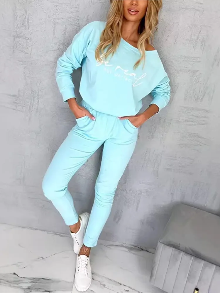 Trendy Letter Print Casaul 2 Piece Sets Women Outfits 2024 Autumn New Long Sleeve T-shirt & With Pocket Pencil Pant Sports Suit