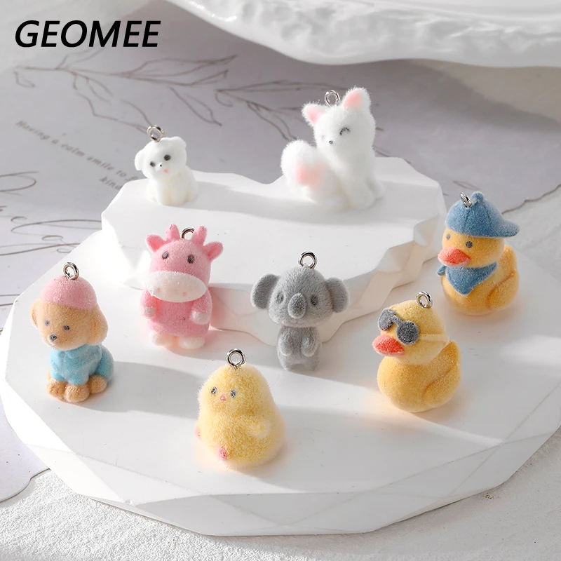 6pcs 3D Mini Flocking Chick Dog Resin Charms Bulk Kawaii Koala Dog Cow Duck Animal Pendant For Earring Keychain Diy Jewelry Make