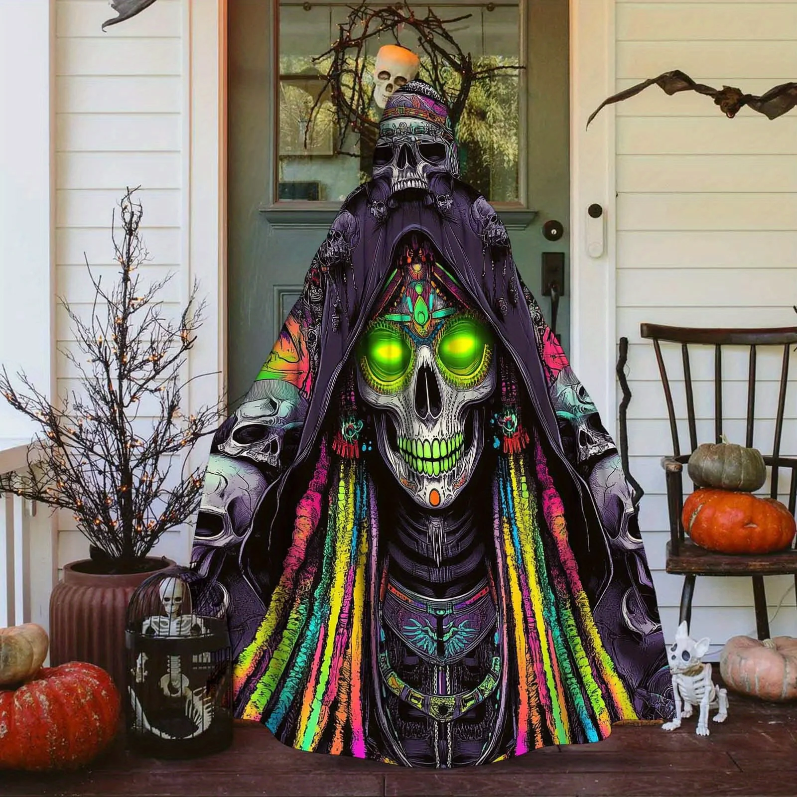 1pc Adult Hooded Cloak Neon Gothic Robe with Glowing Green Eyes Halloween Costume Cosplay Party Outfit Machine Washable Cloak