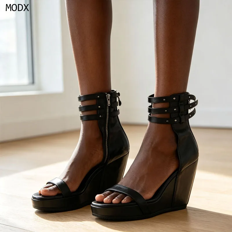 2026 Women New Sexy Black leather starppy wedges sandals open toe high heels hollow out booties luxury designer party shoe