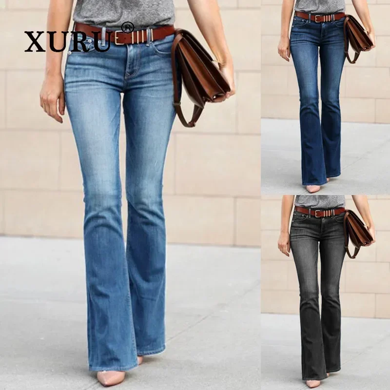 XURU-Mid Rise Regular Jeans for Women, Street Trendy Micro Flared Pants, Long Jeans, European and American, K7-8032, New