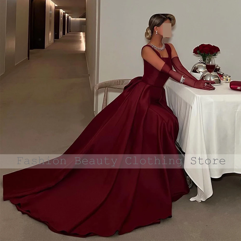 Burgundy Satin Evening Dresses for Women 2024 Square Collar Tank Elegant Evening Gowns Long A Line Big Bow Luxury Prom Dress