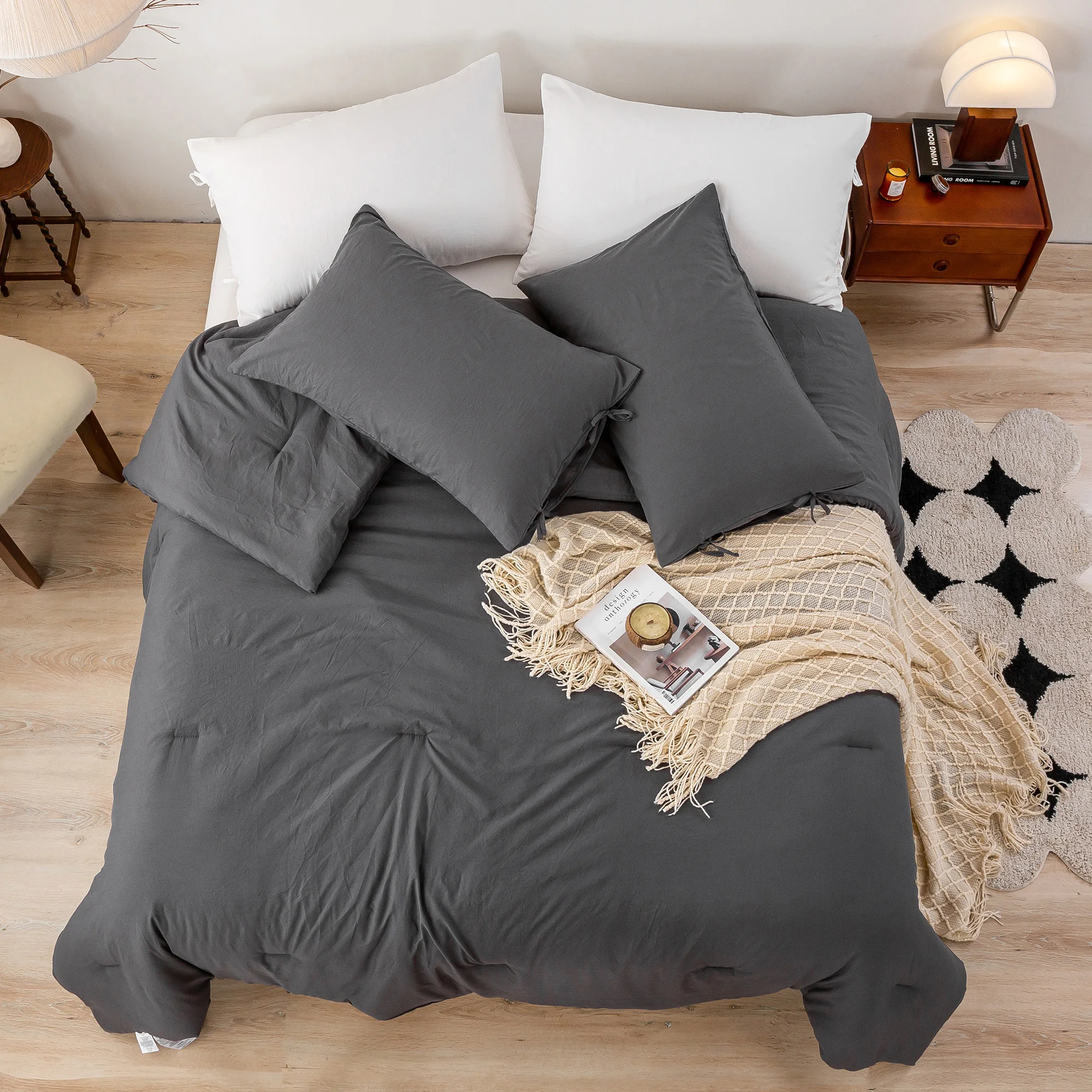 KING Size Bedding Down Comforters Sets Dark Gray Lightweight Soft Fluffy Washed Cotton 1 Bed Comforter &2 Pillowshams