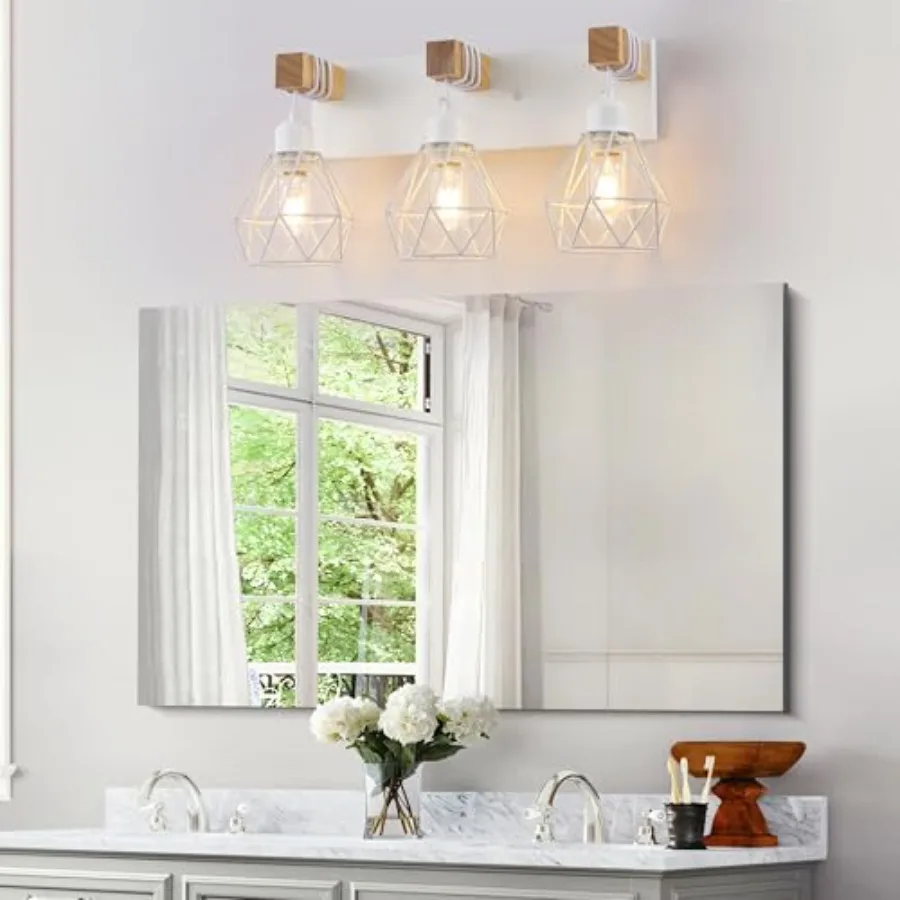 Bathroom Vanity Light Fixtures, 3-Light Wood Bathroom Light Fixtures Over Mirror, Rustic Sconces Wall Lighting with Elegant Met