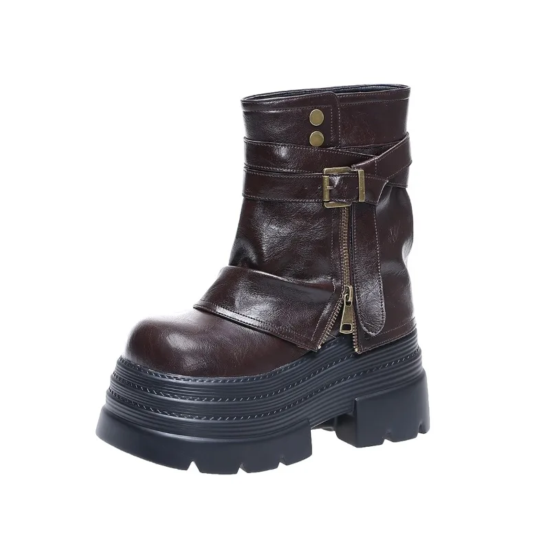 

Женские мотоциклетные ботинки на массивном массиве, новинка 2023 года, осенние кожаные кроссовки на скрытом каблуке, зимние ботинки, ботильоны на высокой платформе с пряжкой 10 см