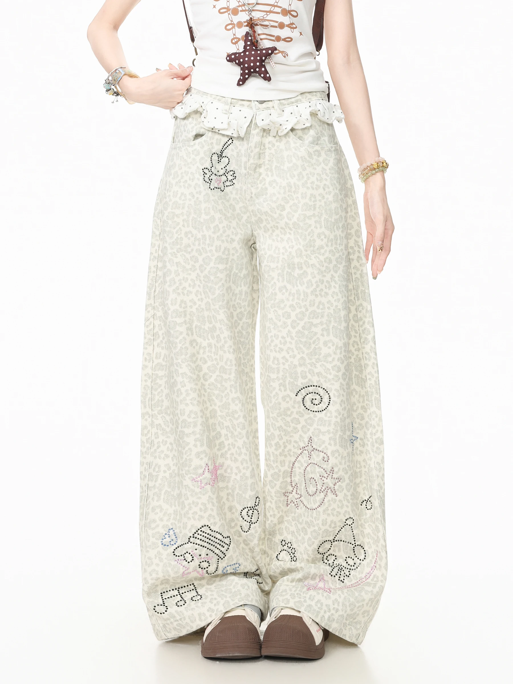 Languid Park Y2K Casual Leopard Print Rhinestone Denim Jeans Women Summer Straight Leg Long Trousers Comfortable Non-Stretch