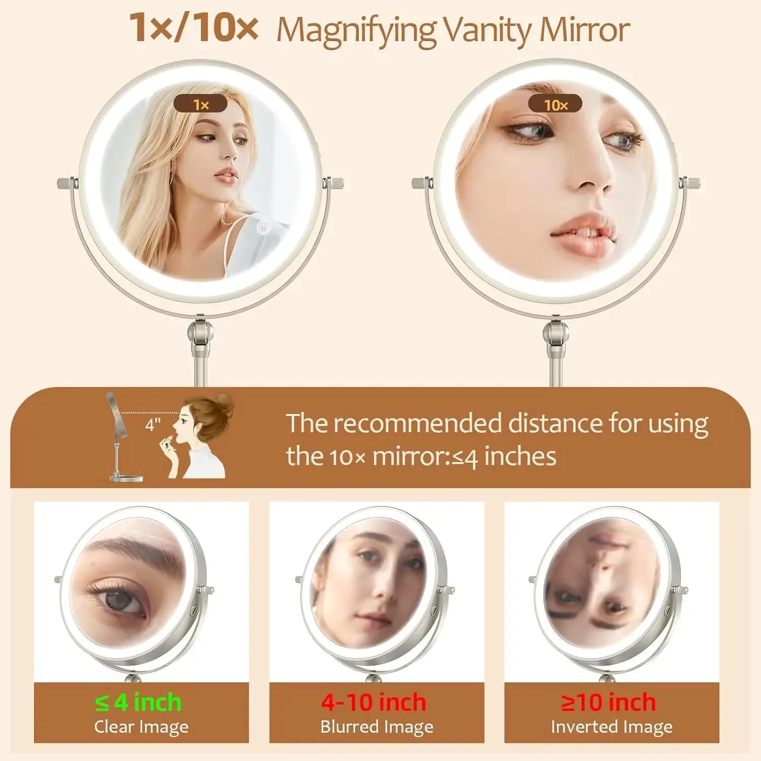 10x vergrotende 9-inch make-upspiegel met licht Dubbelzijdig in hoogte verstelbaar Grote verlichte make-upspiegel LED make-upspiegel