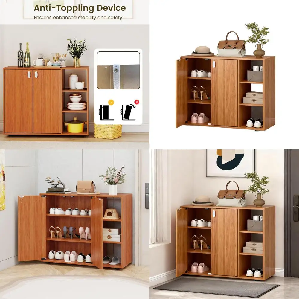 

3-Level Adjustable Wooden Shoe Cabinet with Doors for Entryway, Hallway, and Living Room - Natural Finish