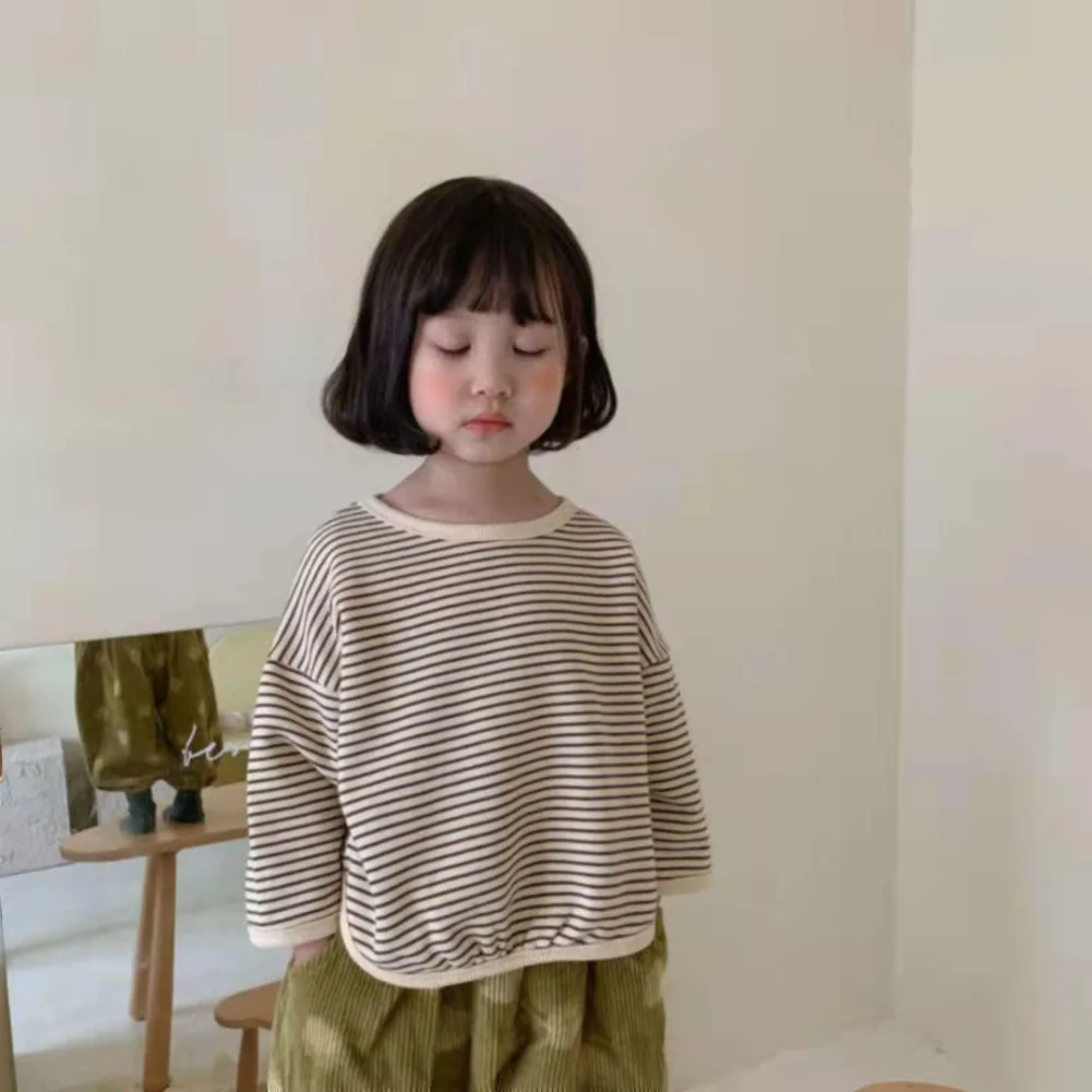 Children's T-shirt Korean Children's Striped Sweaters Baby Kids Girls Loose Long Sleeve Top Autumn Spring Tee Kids