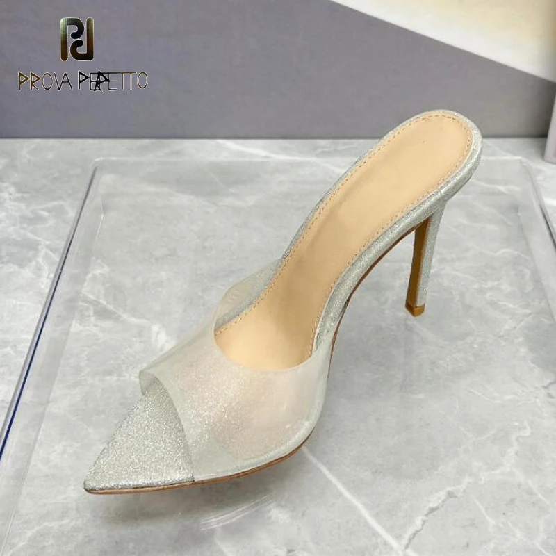 

Beautiful Color Ladies High Heel Slipper Shoes Crystal Pointed Toe Chic Transparent Mules Elegant Lady Dress Shoes Casual Sapato