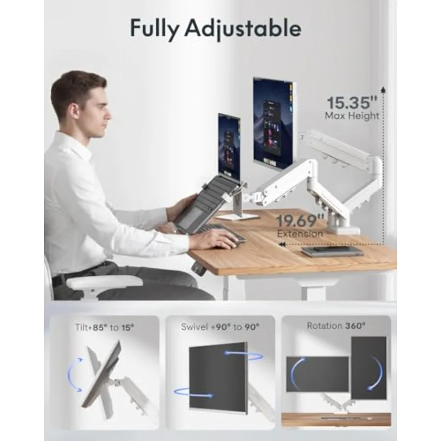 Laptop Mount, Dual Monitor Arm with Laptop Tray, Fits Up to 32 Inch Monitor and 17.3 Inch Notebook, Full Adjustable Gas Spring