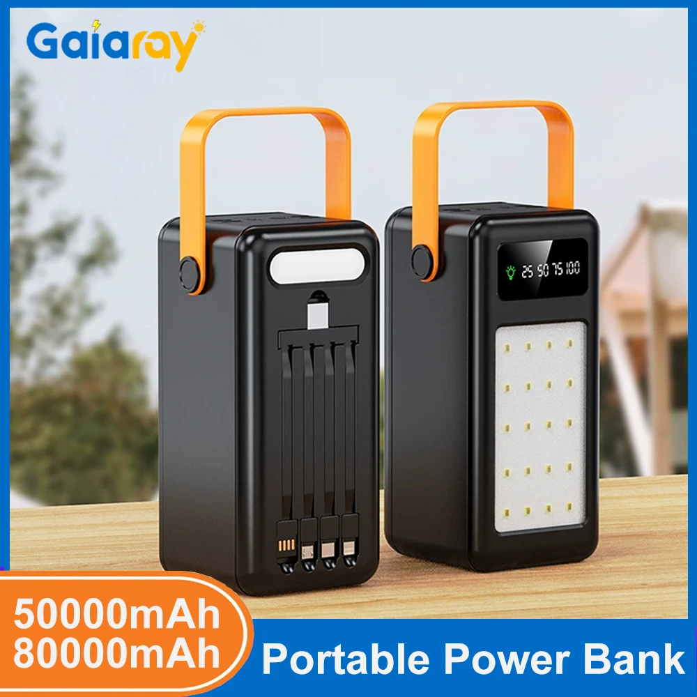50000mAh 80000mAh Portable Power Bank Fast Charging External Battery Outdoor Camping Emergency Power Bank With Cable LED Light