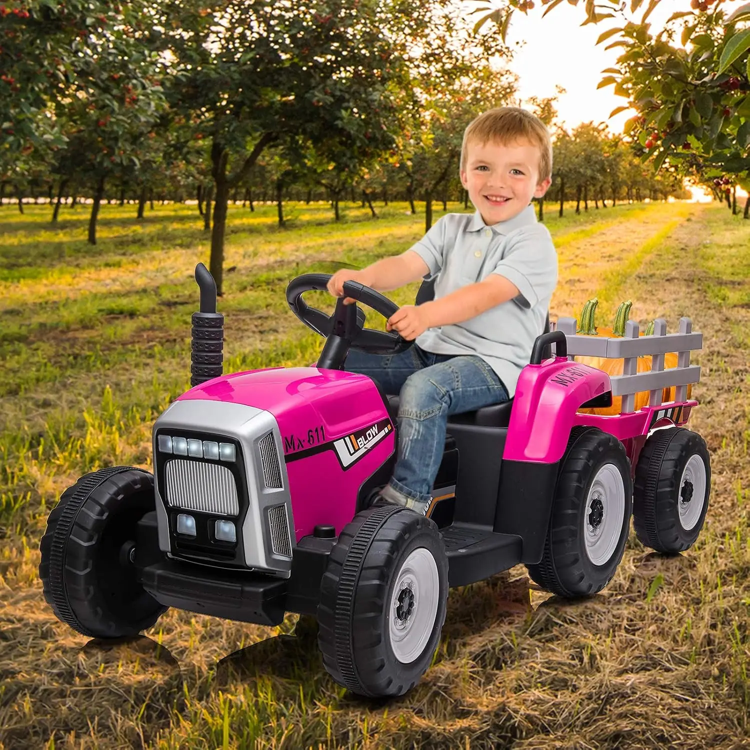 12V Battery Powered Electric Tractor with Trailer & Remote Control | Toddler Ride On Car Toy/ 7-LED Headlights/ 2+1 Gear Shift/