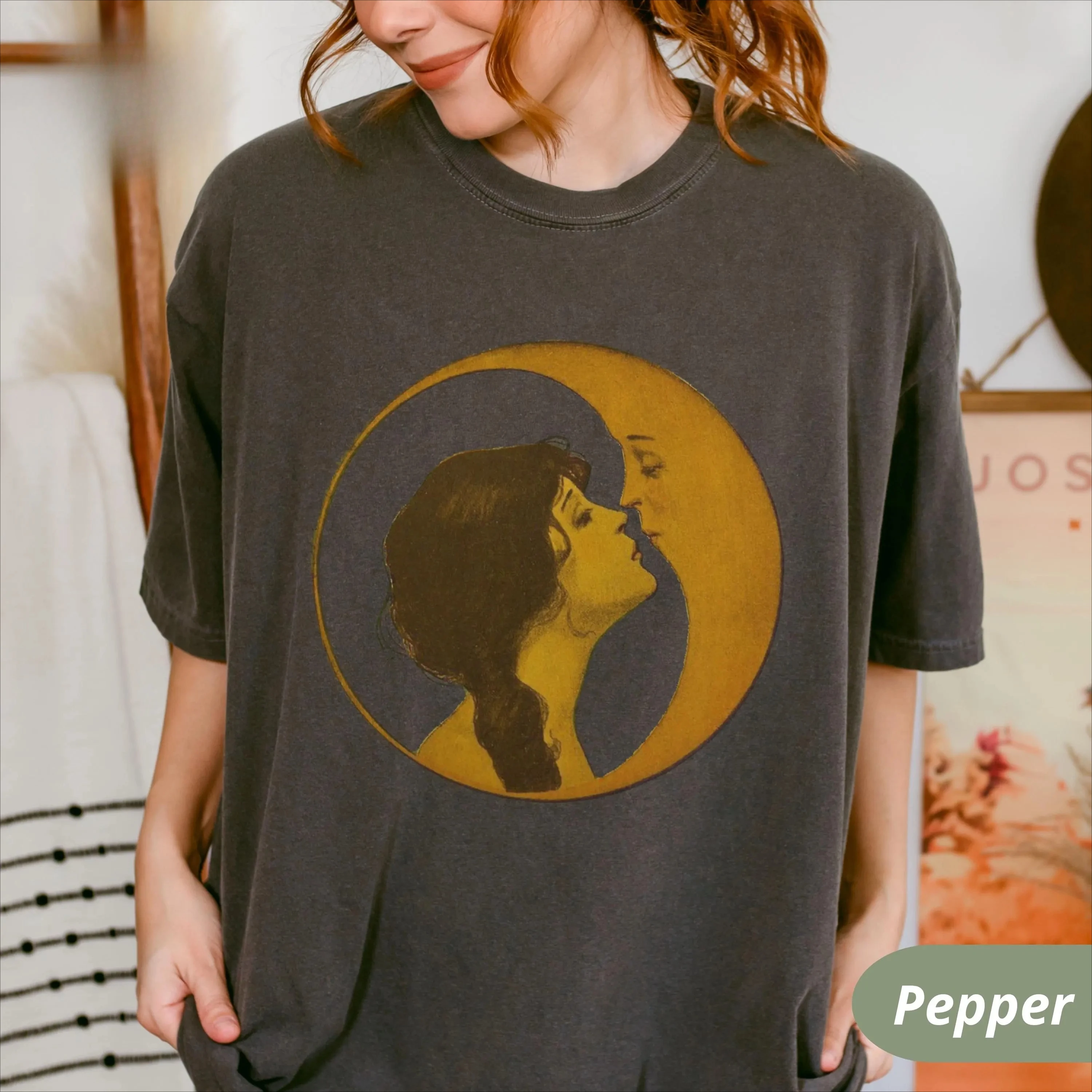 

Женская летняя футболка больших размеров с винтажным принтом «Поцелуй луны», хлопковая, дышащая, стильная, универсальная, в уличном стиле, оверсайз