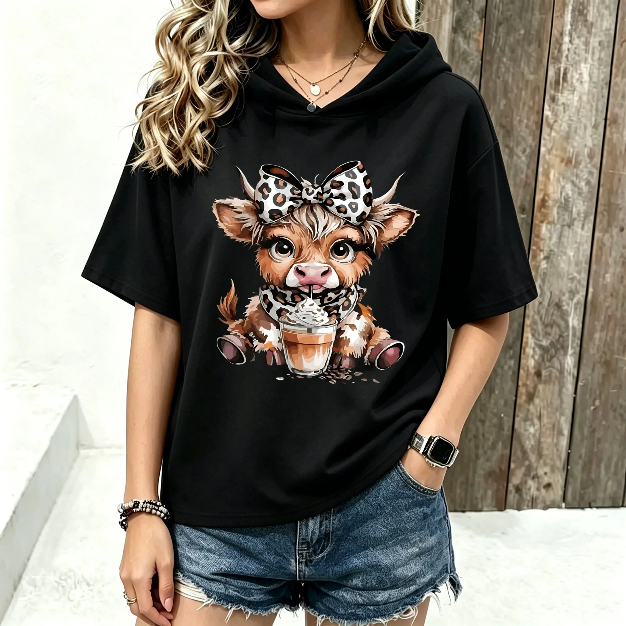 Plus Size Short Sleeve Round Neck Casual Short-sleeved hoodie Tee With Cute Leopard Calf Print, Perfect For Everyday Party Wear Unisex