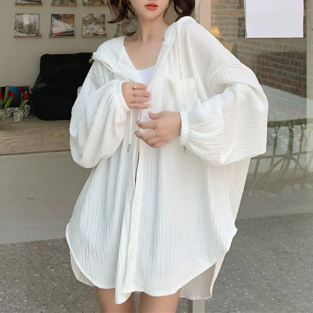 Fashion Drawstring Hooded Shirt Simple Ice Silk Long Sleeved Hooded Clothing Loose Sun Protection Tops Women