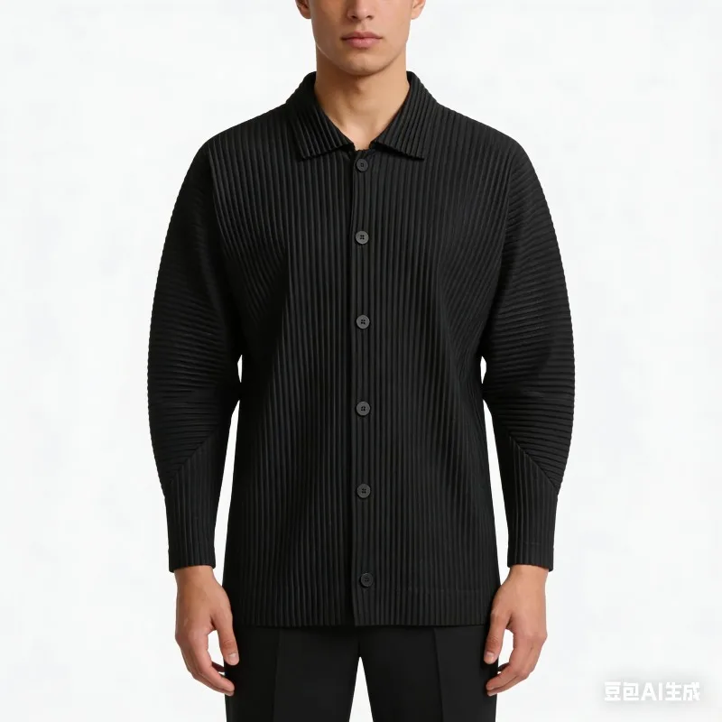 Miyake Pleated Plisse Shirt Men's 2026 Spring New Long-sleeved Jacket Autumn Leisure Jacket Fashion Thin Black Solid Color Tops
