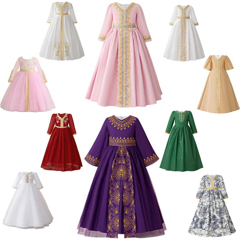 Muslim Ramadan Prayers Party Girls Dress Long Sleeve Robe Arab Dubai Casual Dresses Girl Child Eid Enfant Holiday Prom Costumes