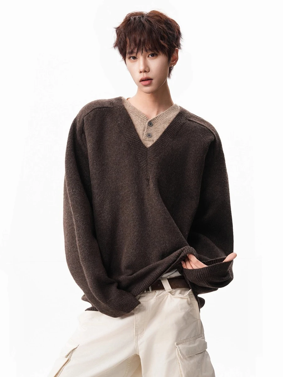 

Свободный длинный вязаный свитер V-Ne, мужской осенне-зимний новый Sle, ретро, Cleanfit, ленивый Sle, повседневный трикотаж на голову