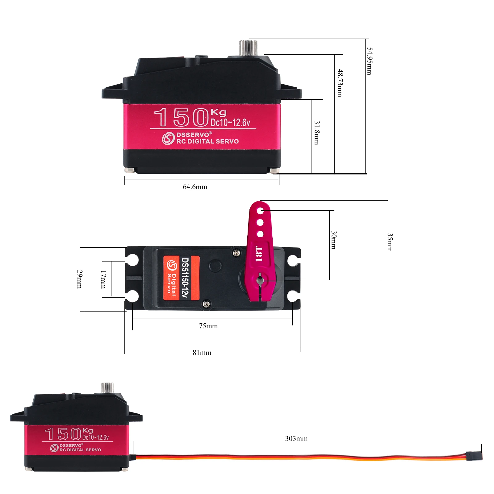 150KG 12V DS51150 Digital Metal Robotic Servo 180/270 Degree Waterproof IP66  with 25T Servo Arm