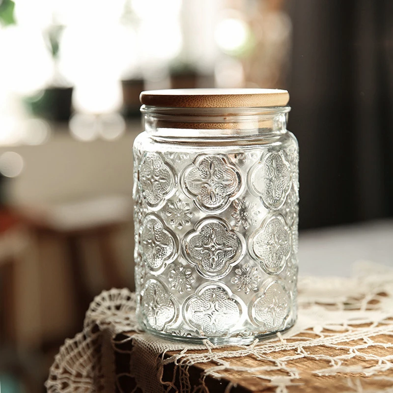 Sealed Glass Jars Retro Vintage Embossed Begonia Flower Food Storage Mason Jar Ornaments Kitchen Storage Can Grains Container