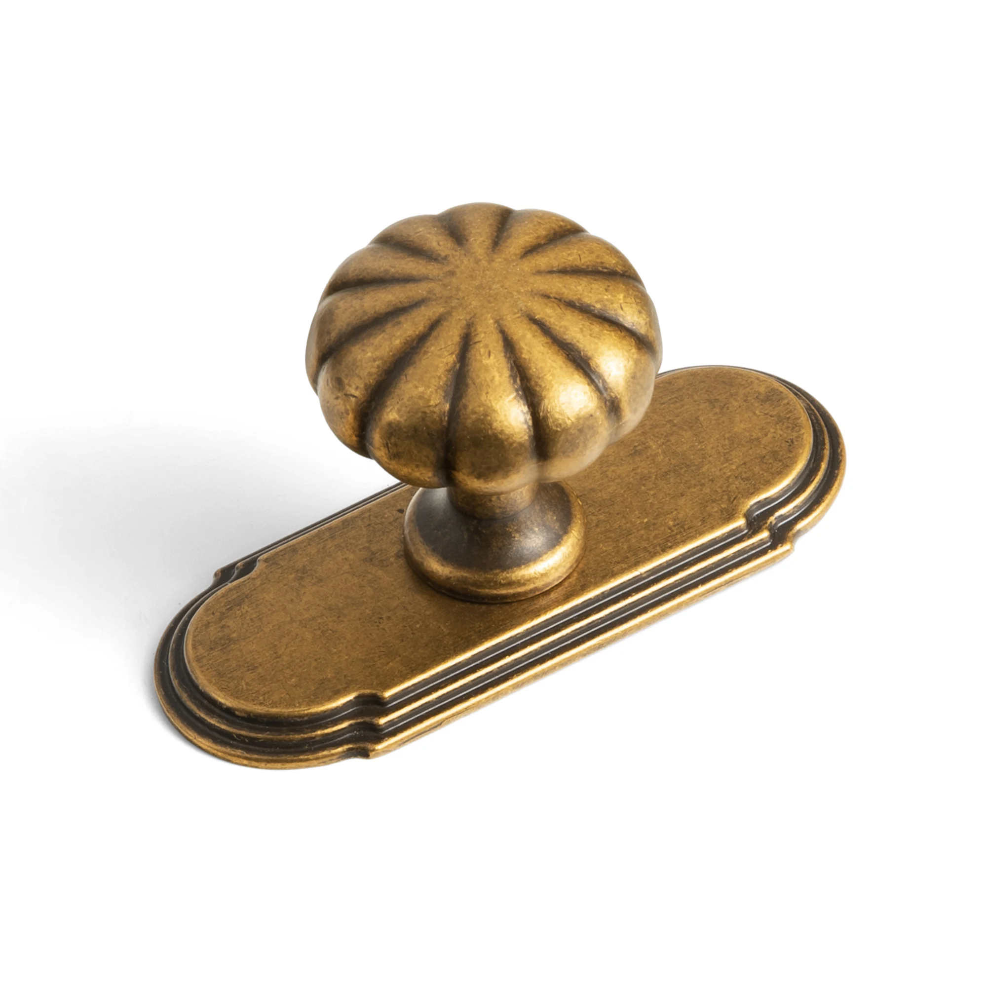 Goo-Ki Antique Brass Cabinet Knobs with Backplate 6 Pack Orbit Rim Solid Zinc Alloy, Warm Aged Vintage Tone, Fluted Melon Grip, For Kitchen Cupboards, Bathroom Vanities, Dressers And Closets