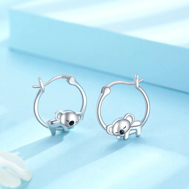 Huitan Chic Cute Koala Earrings Women Teen Girls Trendy Jewelry Simple Stylish Silver Color Ear Hoops Accessories for Daily Life