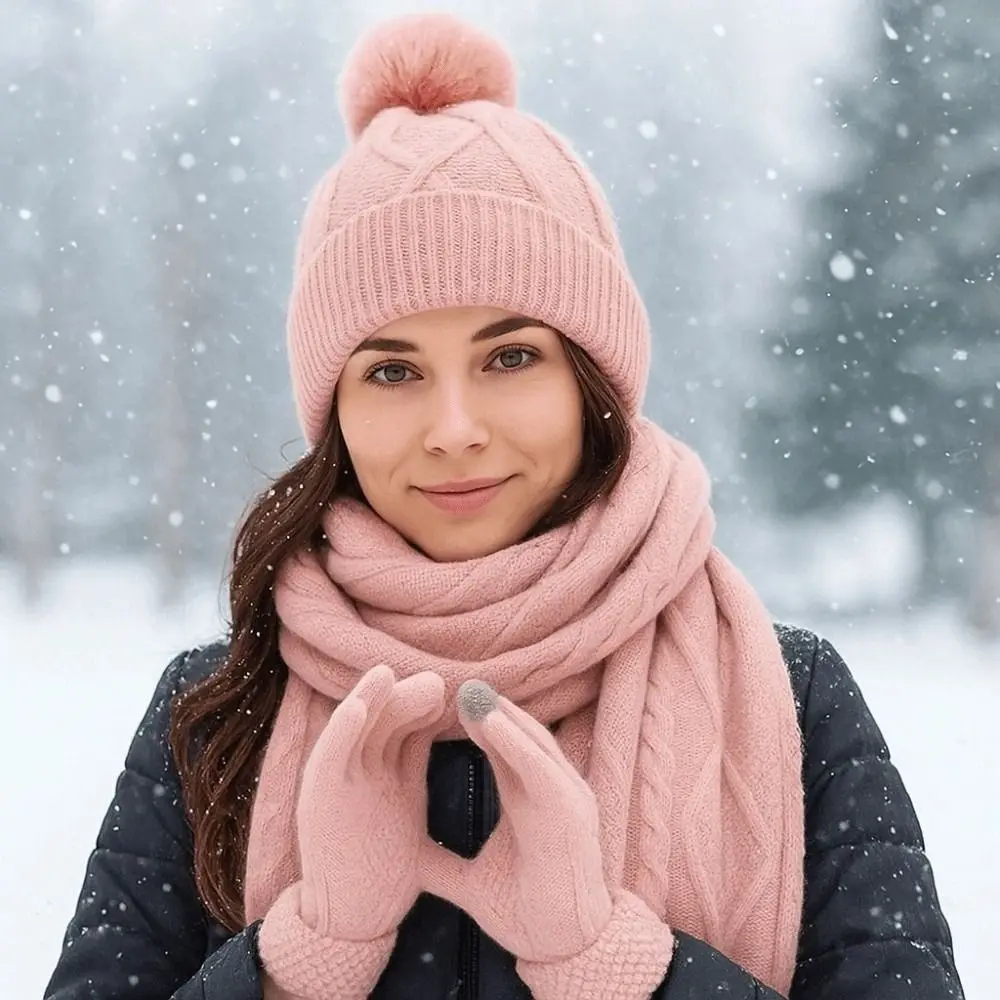 ビーニーキャップ 伸縮性のあるスカーフと帽子セット タッチスクリーン対応 暖かい防寒手袋 無地 ひし形模様のニットスカーフ 防風