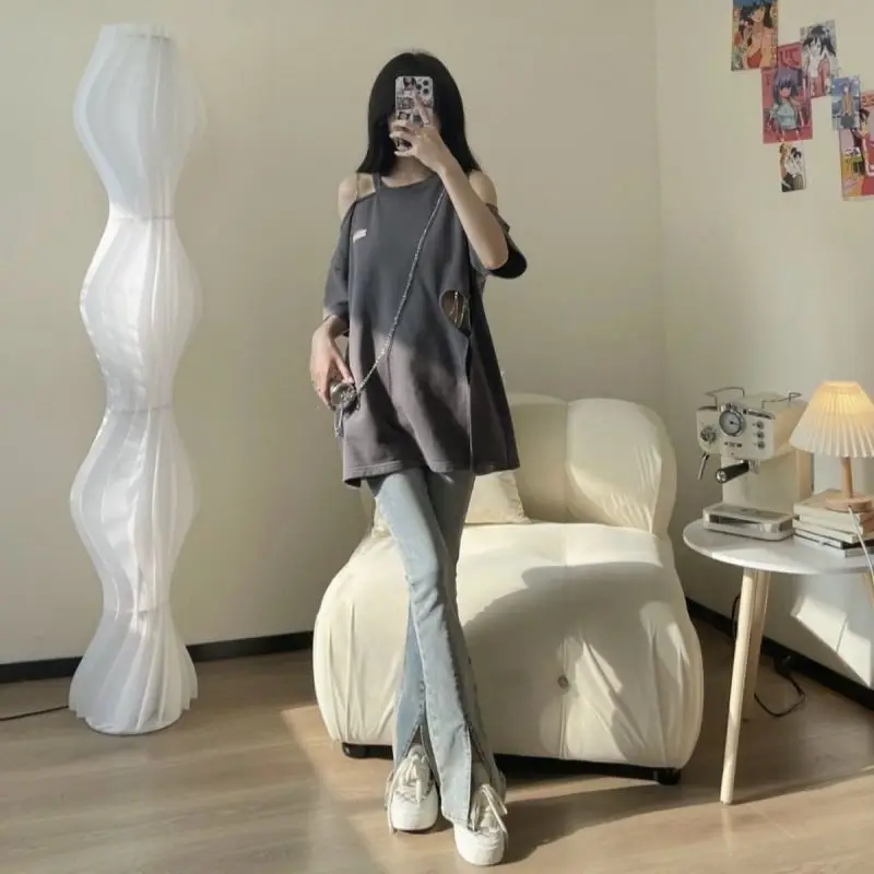 Oversized Trend Hollow Out Solid Color O-neck Loose Short Sleeve T-Shirt Women Clothing Korean Irregular Pullover Top Tee Summer