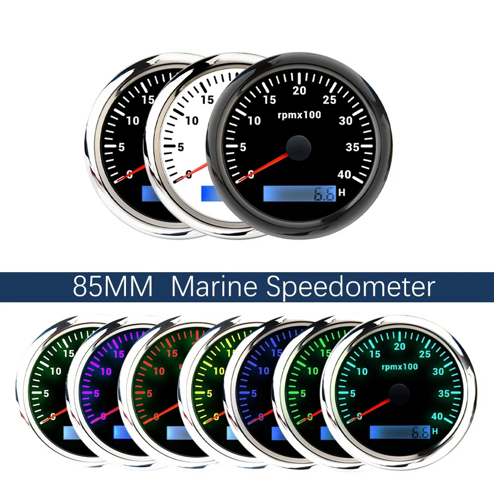 85MM Marine Speedometer 0-4000/RPM Speedometer 7-Color Backlight Digital Odometer for Yachts Boats Silver