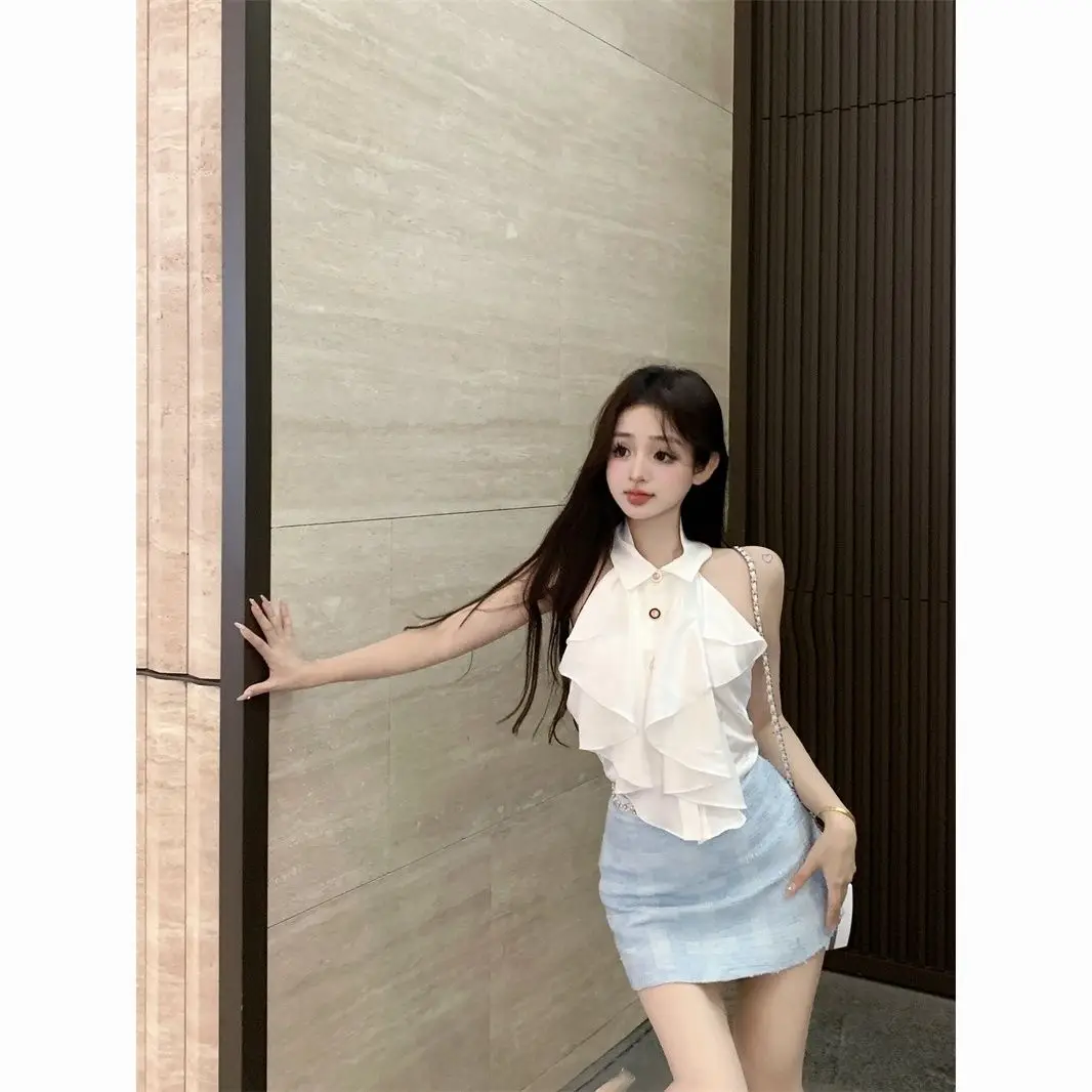

Sweet Sexy Summer Halter Ruffle Crop Top Skirt Set Backless Asymmetric​