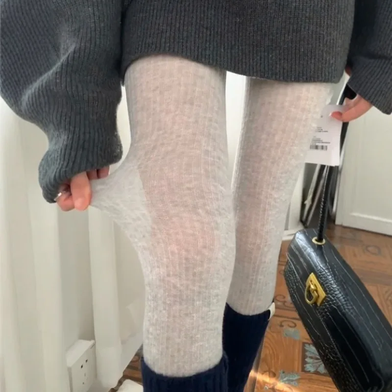 High Elastic Gray Cotton Pantyhose for Women Autumn Winter Fashion Striped Warm High Waist Leggings