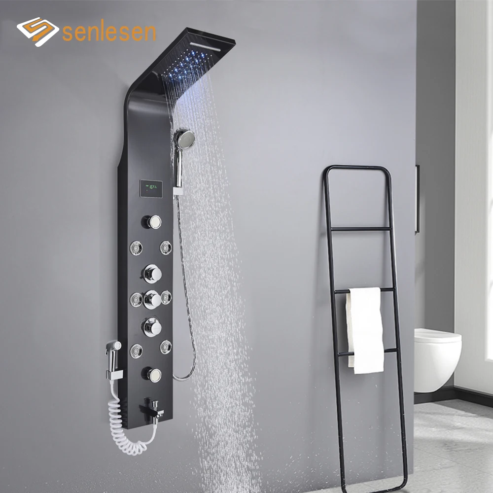 Senlesen Bathroom Shower Panel Faucet Mixer With LED Big Screen Digital Display Six Water Modes with Spray Gun Shower Column