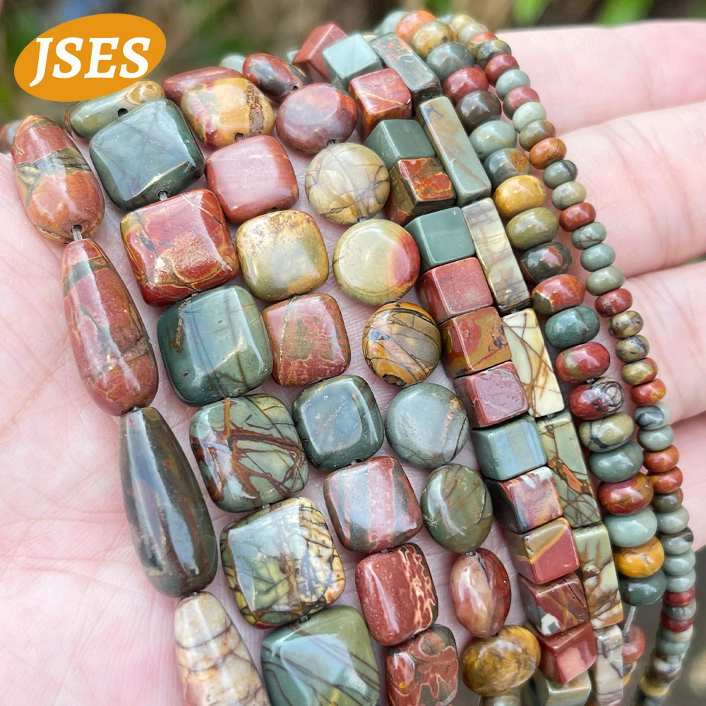 Natural Stone Picasso Jasper Tubular Rondelle Square Beads for Jewelry Making Bracelet Necklace DIY Accessories Strand Beads