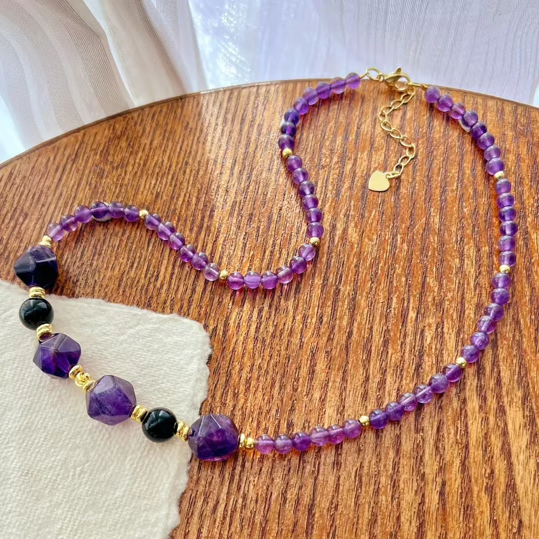 

New design style retro natural amethyst necklace 18 inches